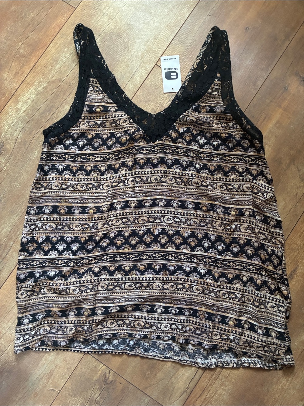 Buckle Black Lace-Trim Tribal Print Sleeveless Tank